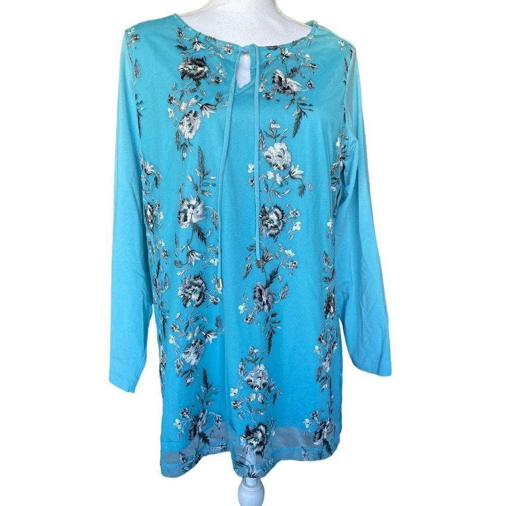 Skye's The Limit Top Blouse Plus S 1X Blue Mesh Floral Embroidery Long Sleeve